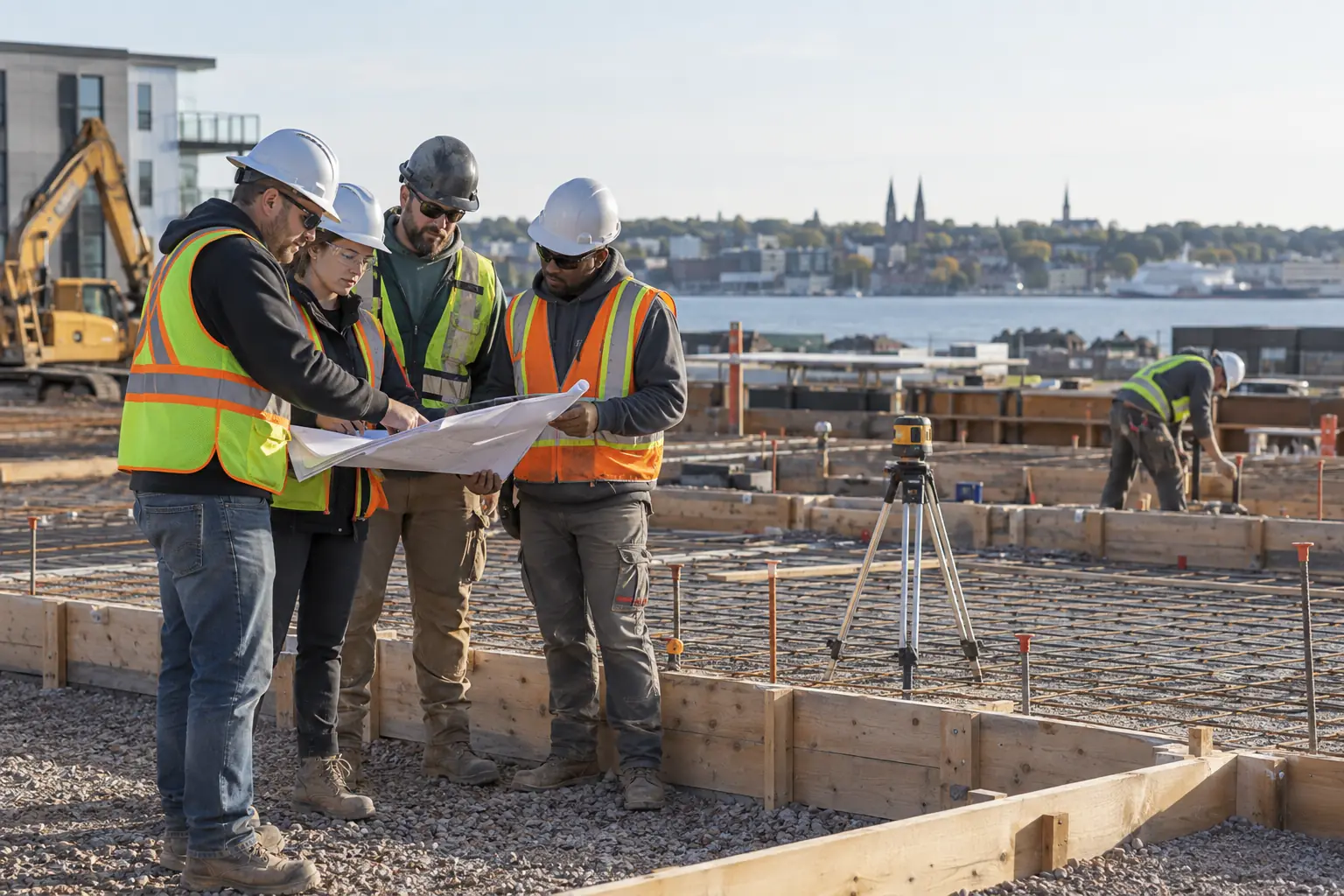 Concrete crew reviewing site plans in Charlottetown