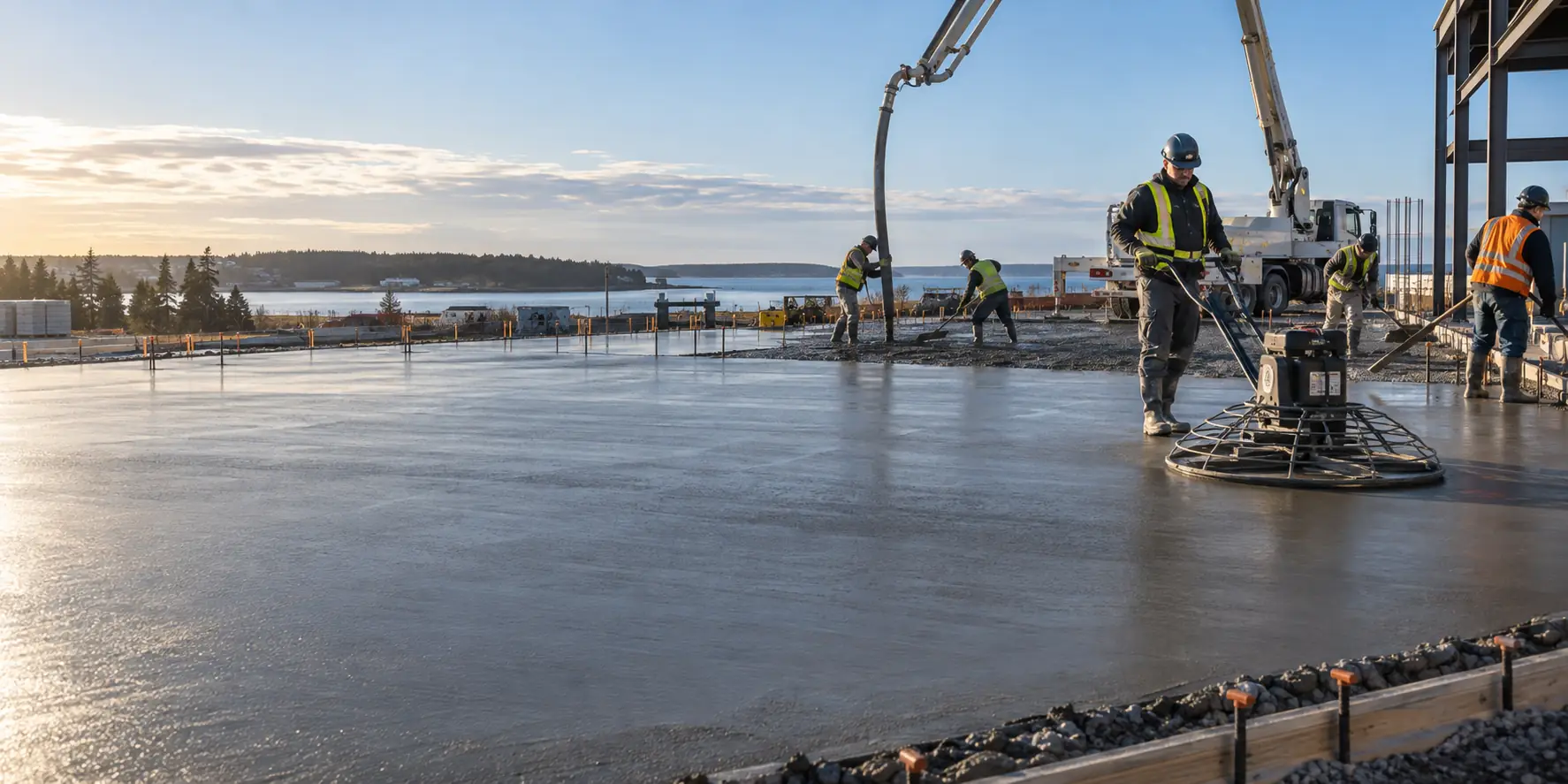 Commercial concrete crew placing a large slab near Charlottetown, Prince Edward Island